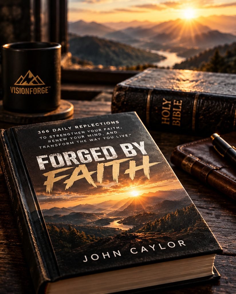 Forged by Faith hardcover beside a Bible and a VisionForge mug at sunrise