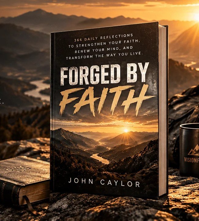 Forged by Faith hardcover by John Caylor on a mountaintop at sunrise