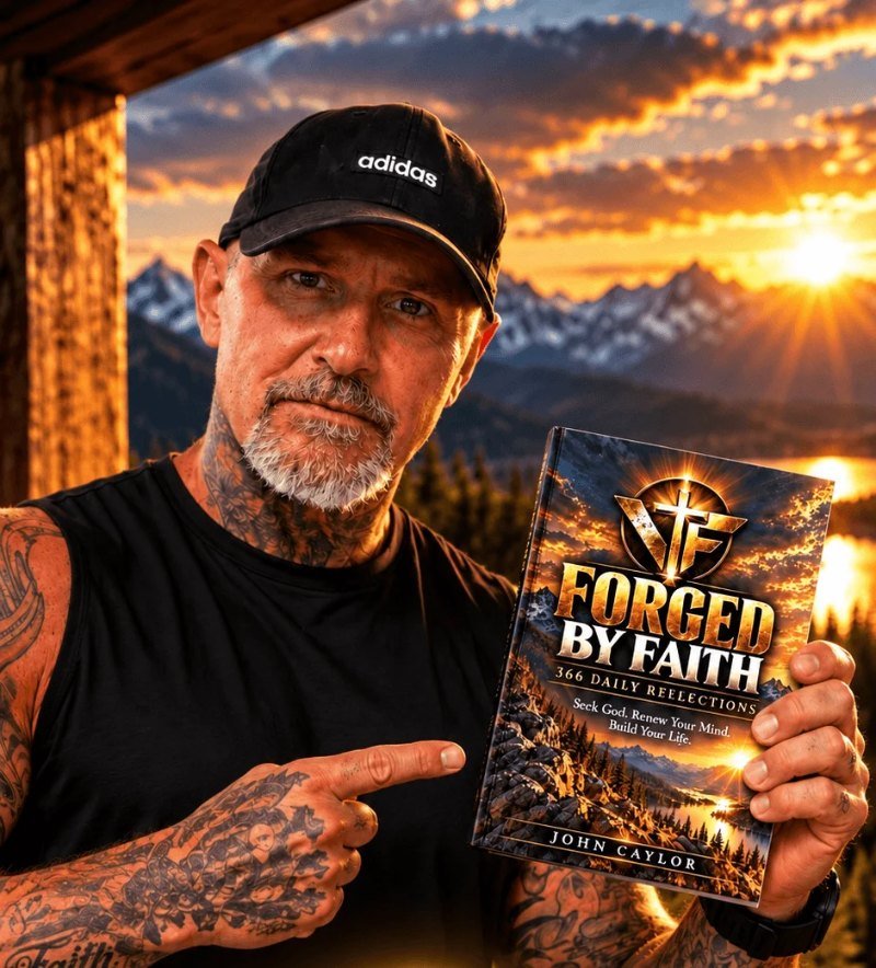 John Caylor holding a copy of Forged by Faith