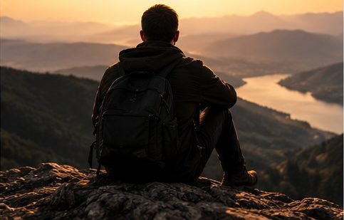 A man sitting on a mountain ledge looking out over a valley at sunrise